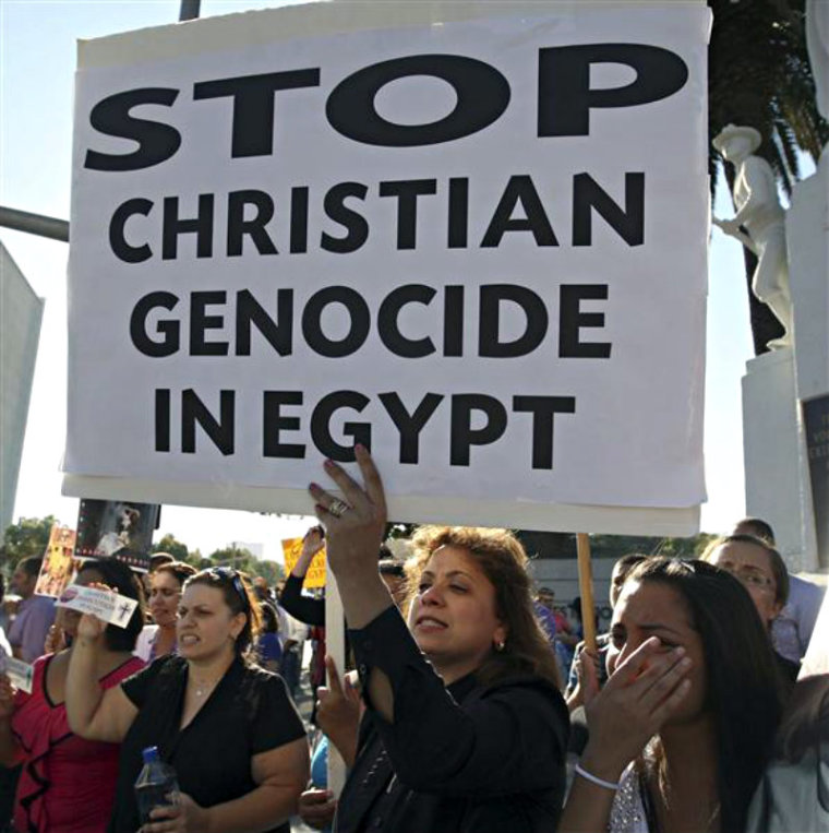 Coptic Christians in Los Angeles, California, protest against deadly clashes in Cairo, Egypt, between Christian protesters and military police in this October 16, 2011 photo.