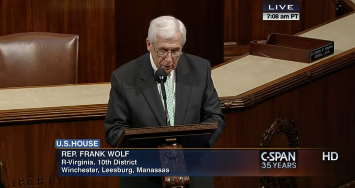 Rep. Frank Wolf, R-Va., speaking on the floor of the U.S. House of Representatives to express disappointment in the Presbyterian Church (USA) for its recent decisions to bless same-sex marriages in states where it is legal, and to divest from three American companies whose products are sold to Israel, Washington, D.C., June 24, 2014.