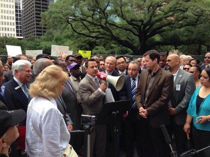 The group Texas Values Action holds a demonstration against the Houston Equal Rights Ordinance.