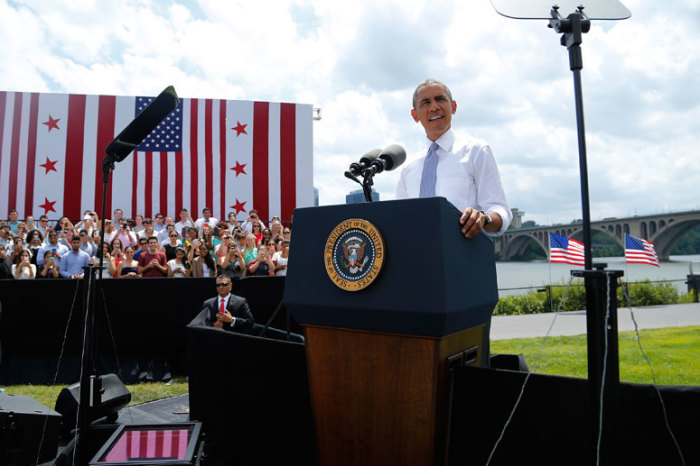 U.S. President Barack Obama makes remarks at the Georgetown Waterfront Park in Washington July 1, 2014.