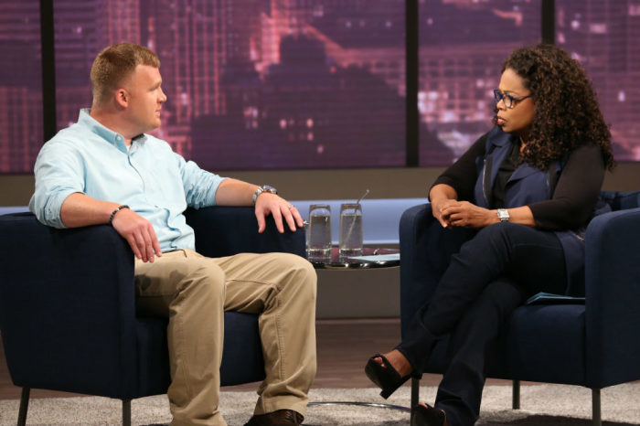Matthew Sandusky is seen with Oprah Winfrey in this photo provided by Harpo Studios to The Christian Post.
