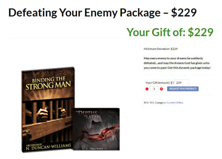Paula White Ministries offers a "Defeating Your Enemy Package" for $229.