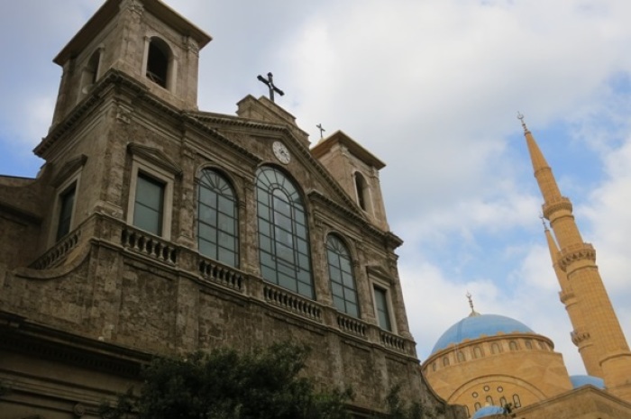 St. George's Maronite Cathedral and Mohammad al-Amin mosque side by side in central Beirut, 13 Sept 2012.