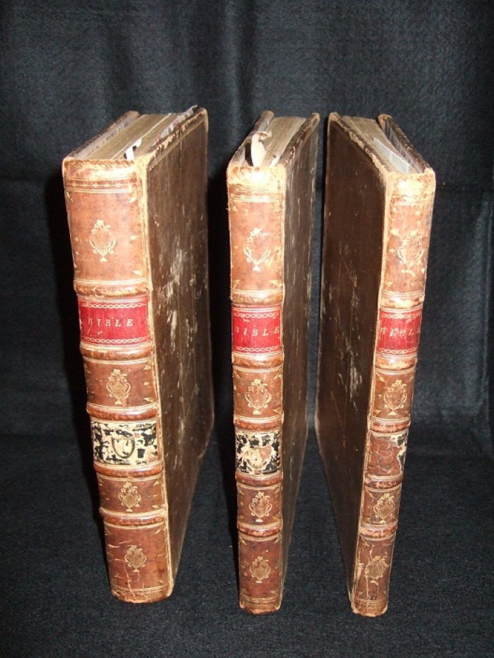 The three-volume Bible owned by Rev. Stephen Badin, the first Catholic priest ordained in the United States of America.