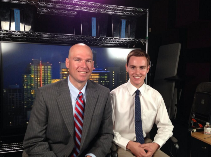 Jeremy Dys(left), senior counsel at the Liberty Institute and Brooks Hamby, a former California student who invoked 'the God of the Bible' at his public school graduation speech, before a Fox News 'Fox & Friends' interview.