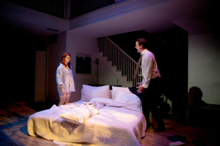 Danielle O'Farrell (Patti) and Andrew William Smith (Jeff) in 'The Religion Thing,' at the Cell Theater in New York City.
