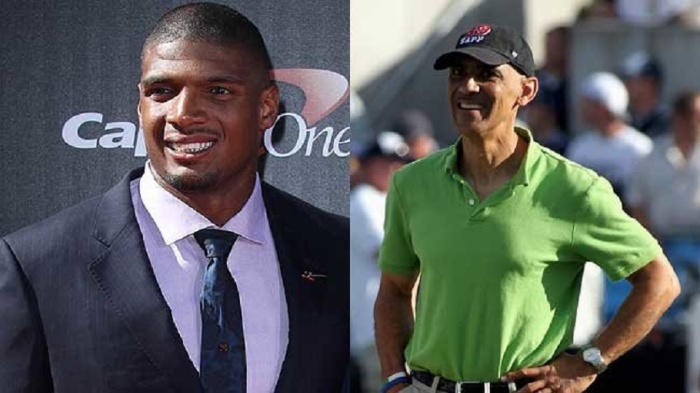 Openly gay NFL player, Michael Sam (l) and retired NFL coach and sports analyst Tony Dungy.