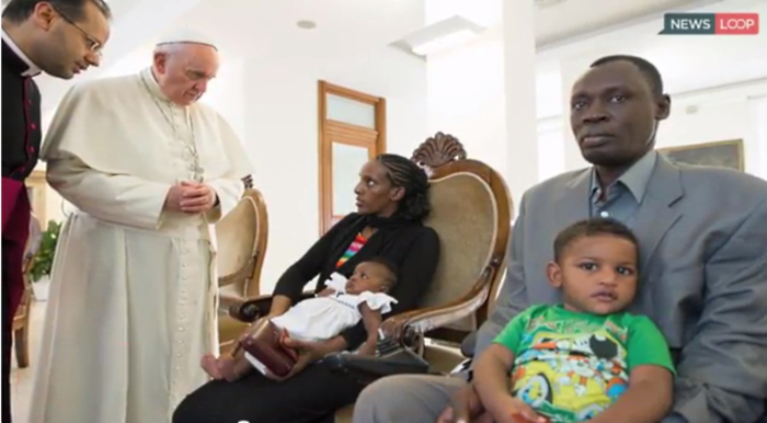 Christian mother Meriam Ibrahim (center) and her family meets Pope Francis after escaping death in Sudan on Thursday.