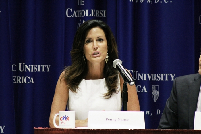 Penny Nance, president of Concerned Women for America, on a panel discussion following Sen. Marco Rubio's remarks on values, culture and poverty at the Catholic University of America, Washington, D.C., July 23, 2014.
