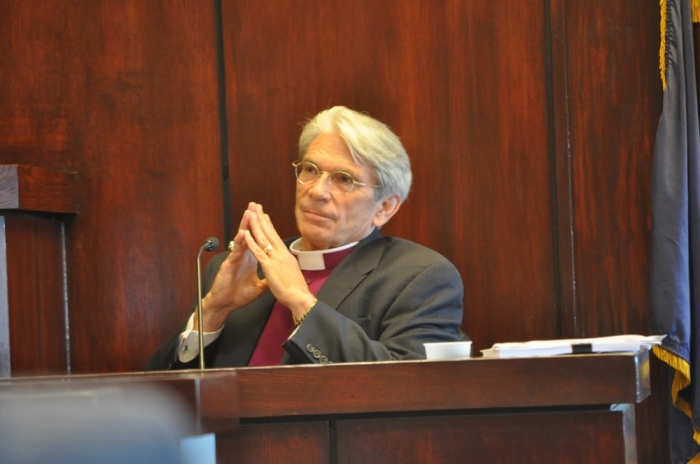 The Right Rev. Mark Lawrence, bishop of the Episcopal Diocese of South Carolina, testifying before Judge Diane Goodstein in July 2014 over a trial surrounding the property dispute between his diocese and The Episcopal Church.