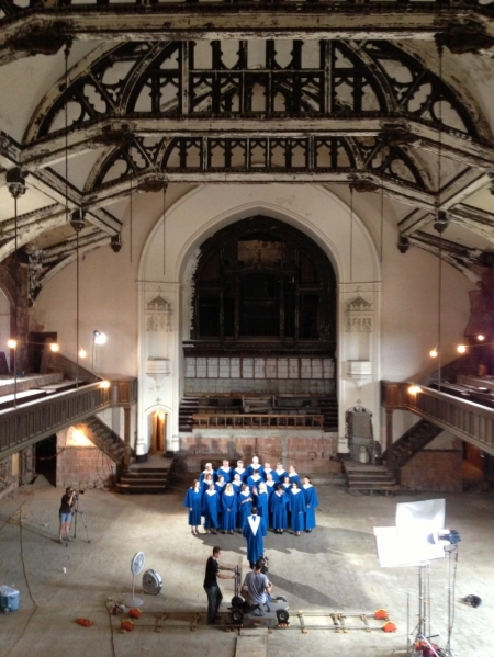 A choir performs one last song for "When God Left the Building" filmmakers in an abandoned church building in Kansas City, MO.