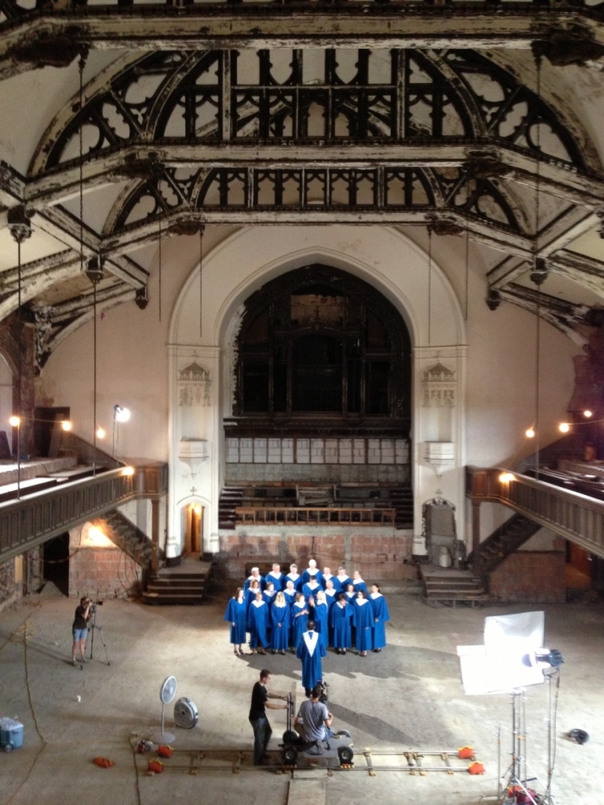 A choir performs one last song for "When God Left the Building" filmmakers in an abandoned church building in Kansas City, MO.