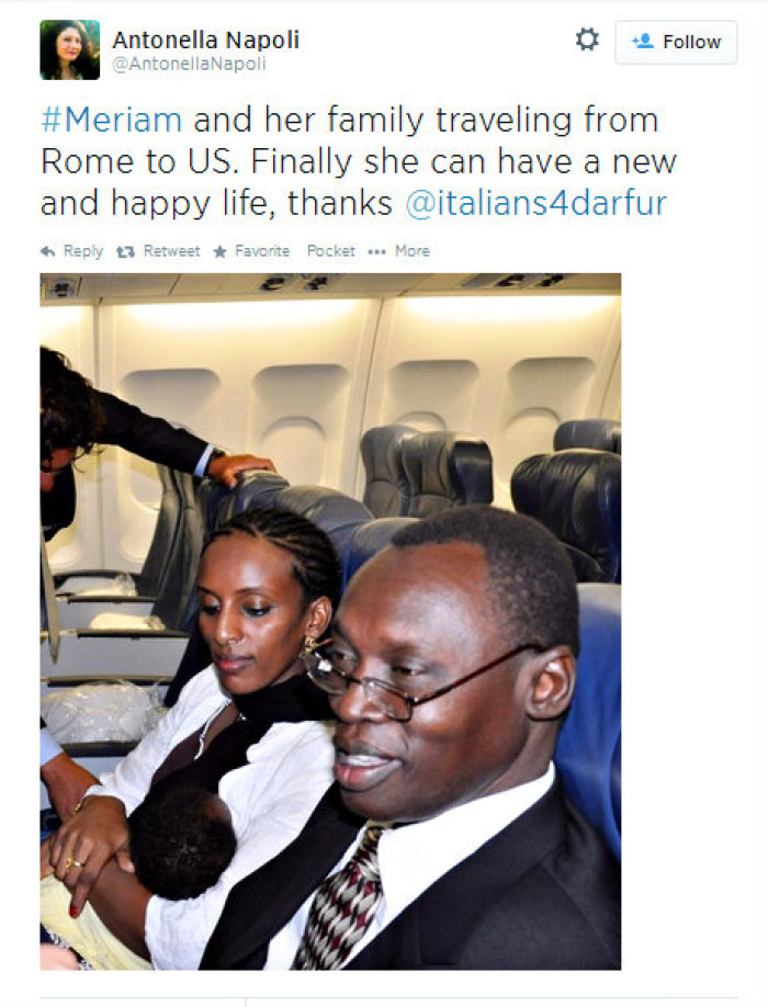 Meriam Ibrahim, Daniel Wani and their newborn Maya, are seen on their departure flight out of Rome, Italy. This image was published online by Antonella Napoli, an Italian activist and journalist who has been working closely with the family.