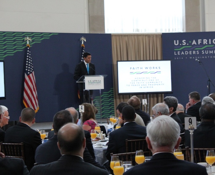 Rajiv Shah, Administrator of the United States Agency for International Development, giving remarks at the USAID event 'Faith Works: Honoring the Contributions of the Faith Community to Peace and Prosperity in Africa,' held at the Ronald Reagan Building in Washington, Aug. 1, 2014.
