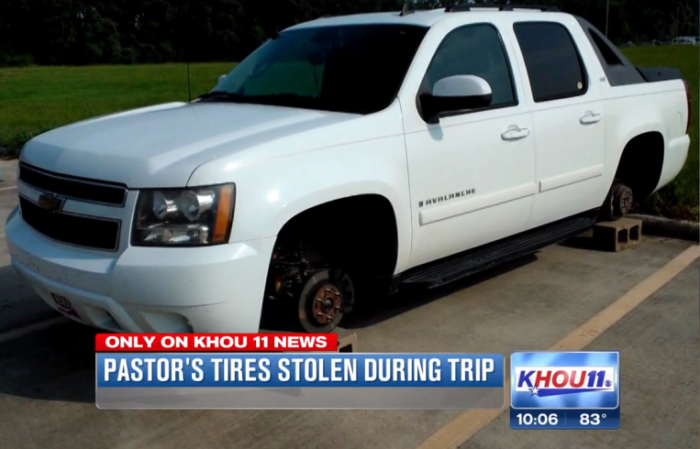 Pastor Doug Cassel's Chevrolet Avalanche was stripped of its four wheels Tuesday morning.