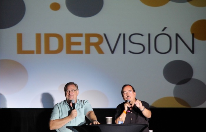 Rick Warren and David Tamez, leader of Spanish initiatives at Saddleback Church at the LiderVision conference in Los Angeles.