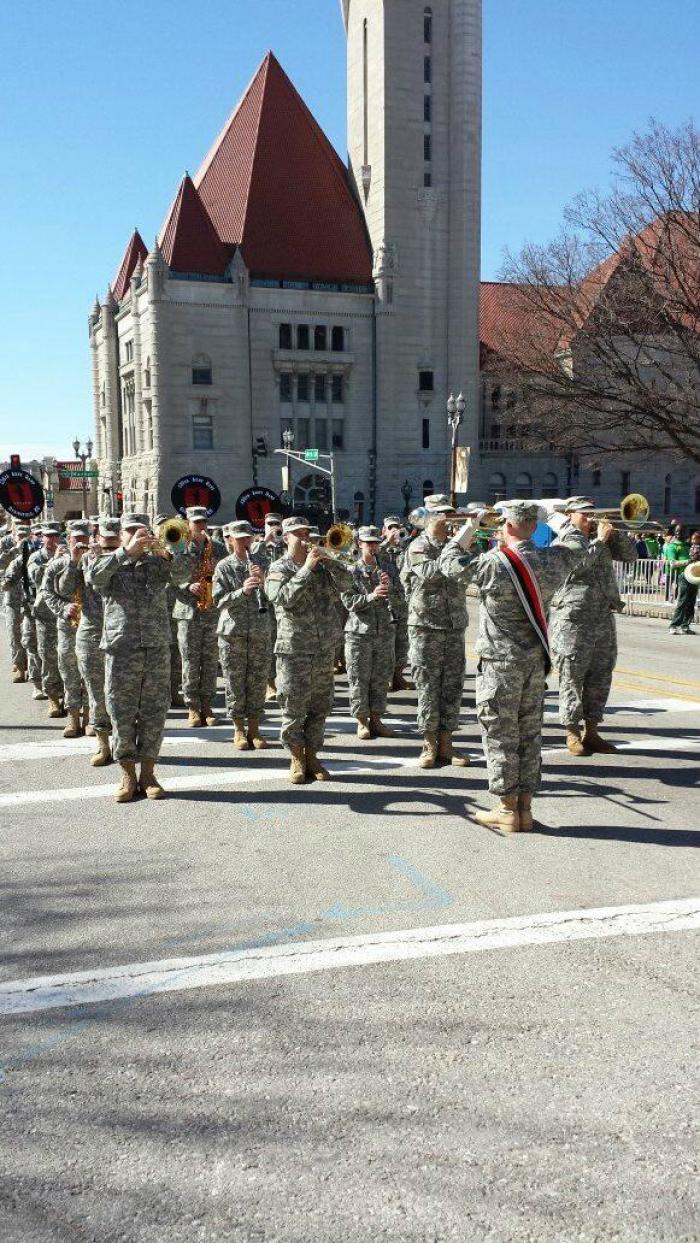 Members of the Missouri National Guard preparing to march in the St. Louis 2014 St. Patrick's Day Parade, March 15, 2014.