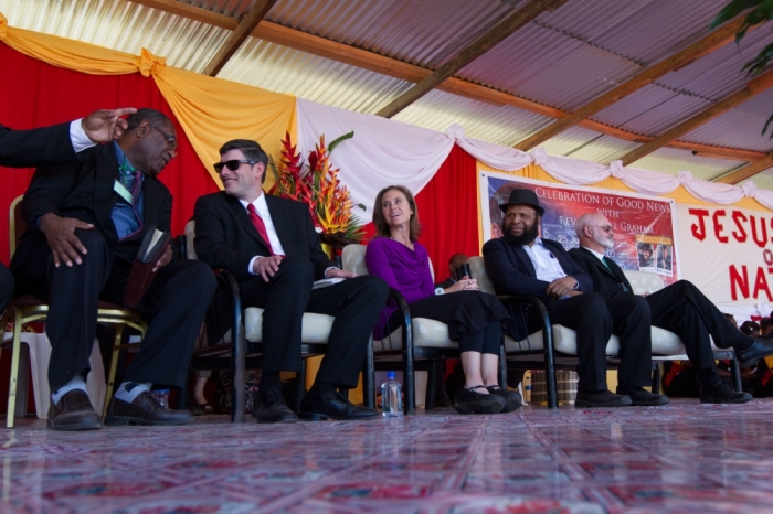 Evangelist Will Graham (2nd from left)on the first day of Celebration of Good News in Mt Hagen, Papua New Guinea, on July 25, 2014. Approximately 23,500 people attended the three-day evangelism celebration.