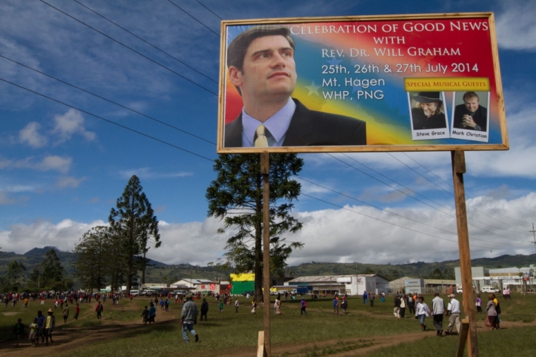 A billboard of the Celebration of Good News with Will Graham as seen on July 26, 2014 in Papua New Guinea. Approximately 23,500 people attended the three-day evangelism event in Mt Hagen, Papua New Guinea, from July 25-27, 2014. More than 780 made a commitment to Christ after Will Graham’s messages.