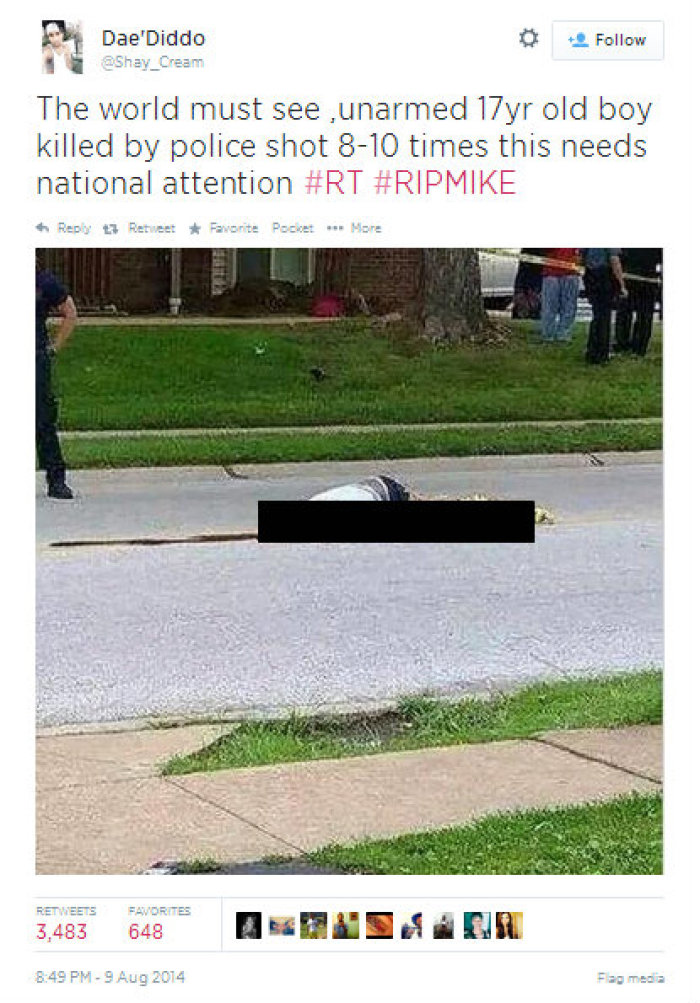 Michael Brown, 18, was fatally shot by a police officer in Ferguson, Missouri, on Saturday, Aug. 9, 2014. Residents on the scene shared photos of the teen's dead body on Twitter. The Christian Post has censored this photo.