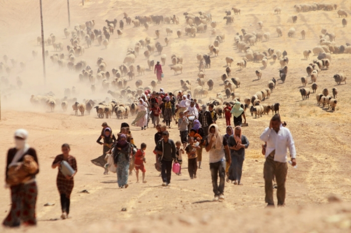 Displaced people from the minority Yazidi sect, fleeing violence from forces loyal to the Islamic State in Sinjar town, walk towards the Syrian border, on the outskirts of Sinjar mountain, near the Syrian border town of Elierbeh of Al-Hasakah Governorate August 10, 2014. Islamic State militants have killed at least 500 members of Iraq's Yazidi ethnic minority during their offensive in the north, Iraq's human rights minister told Reuters on Sunday. The Islamic State, which has declared a caliphate in parts of Iraq and Syria, has prompted tens of thousands of Yazidis and Christians to flee for their lives during their push to within a 30-minute drive of the Kurdish regional capital Arbil. Picture taken August 10, 2014.