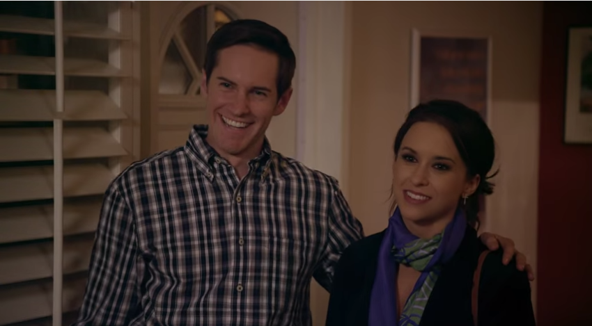A scene from "Christian Mingle The Movie" starring, Lacey Chabert as Gwenyth Hayden and Jonathan Patrick Moore as Paul Wood.