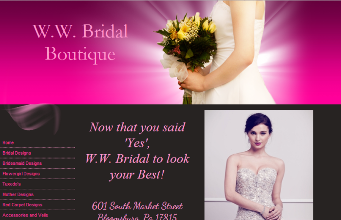 A screen shot of W.W. Bridal Boutique's website in Pennsylvania.