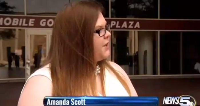 Amanda Scott, an atheist college student who spoke against placing a plaque bearing the national motto 'In God We Trust' at the Government Plaza in Mobile, Alabama.