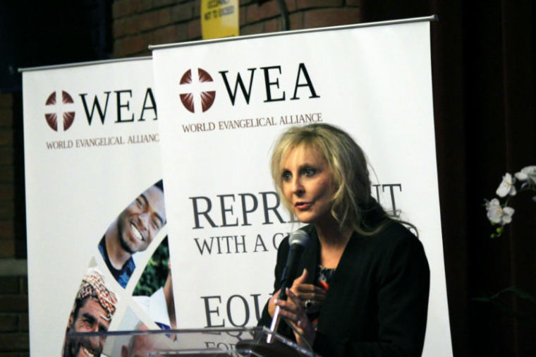 Deborah Fikes, WEA United Nations Permanent Representative, makes remarks at 'A Call to Prayer for the Middle East' event on Aug. 15, 2014. The event was hosted by the World Evangelical Alliance at the Salvation Army International Social Justice Commission in New York City.