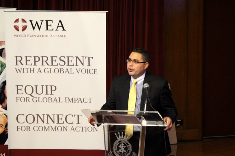 The Rev. Gabriel Salguero, President of National Latino Evangelical Coalition, makes remarks at 'A Call to Prayer for the Middle East' event on Aug. 15, 2014. The event was hosted by the World Evangelical Alliance at the Salvation Army International Social Justice Commission in New York City.