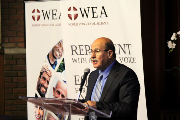Dr. Munir Kakish, Chairman of the Council of Local Evangelical Churches in the Holy Land (Representing Evangelicals in the Palestinian Territories), makes remarks at 'A Call to Prayer for the Middle East' event on Aug. 15, 2014. The event was hosted by the World Evangelical Alliance at the Salvation Army International Social Justice Commission in New York City.