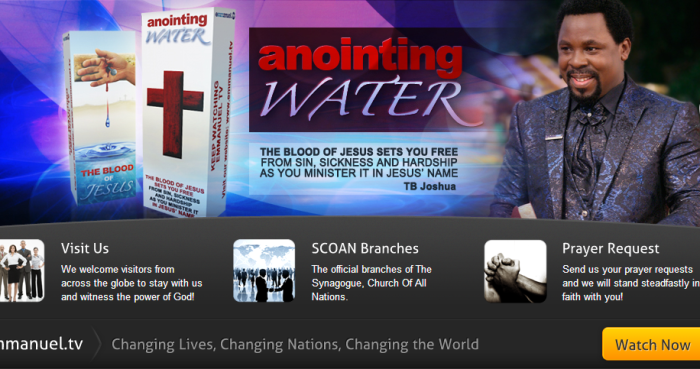 A screen shot from TB Joshua's website advertising his powerful Anointing Water,