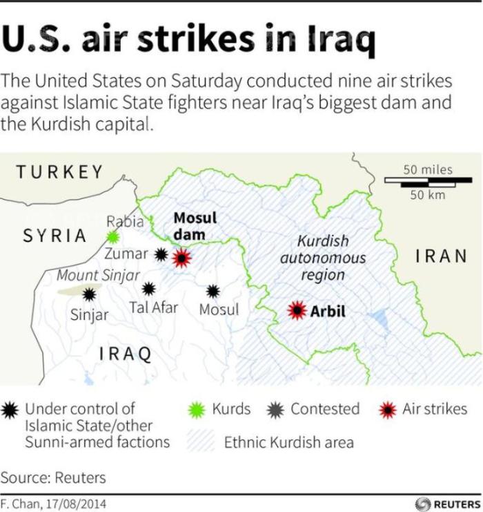Map of northern Iraq locating Mosul dam and the Kurdish capital Arbil where the U.S. carried out airstrikes targeting Islamic State (IS) fighters on Saturday, Aug. 16, 2014.