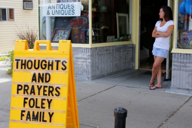 A sign outside a shop remembers James Foley in his hometown of Rochester, New Hampshire, Aug. 20, 2014. Islamic State militants on Tuesday posted a video that purported to show the beheading of U.S. journalist Foley in revenge for U.S. air strikes in Iraq. Foley, 40, was kidnapped on Nov. 22, 2012, in northern Syria, according to GlobalPost. The video was posted after the U.S. resumed air strikes in Iraq in August 2014 for the first time since the end of the U.S. occupation in 2011.