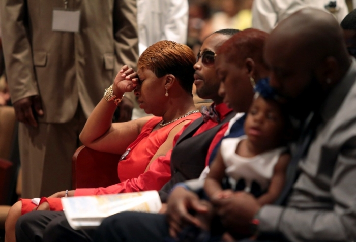 Lesley McSpadden, mother of Michael Brown, reacts during his funeral services at Friendly Temple Missionary Baptist Church in St. Louis, Missouri, Aug. 25, 2014.