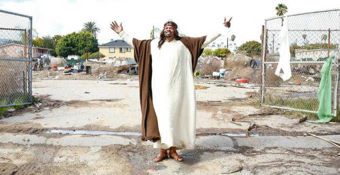 Gerald 'Slink' Johnson plays Jesus in the Adult Swim live-action comedy series 'Black Jesus.' Here, he stands in a soon-to-be community garden.