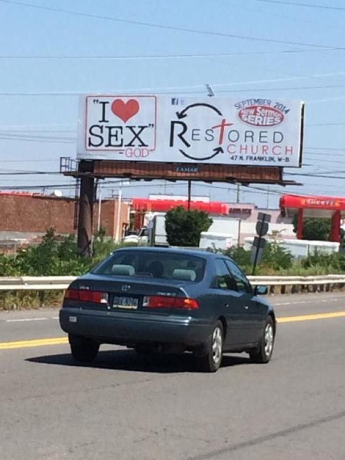 Restored Church in Wilkes-Barre, Pennsylvania bought out this billboard to promote their upcoming sermon series based on sex in the Book of Song of Solomon