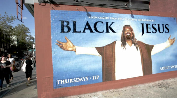 An mural-styled ad for the Adult Swim live-action comedy series 'Black Jesus' was painted on the exterior of a business in Williamsburg, Brooklyn in New York City.