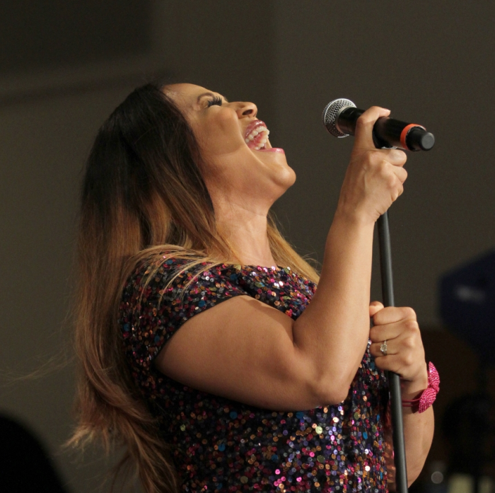 Erica Campbell, first lady of The California Worship Center and wife of Warryn Campbell, performs at the McDonald's Inspiration Celebration Gospel Tour 2014 in Philadelphia on May 22