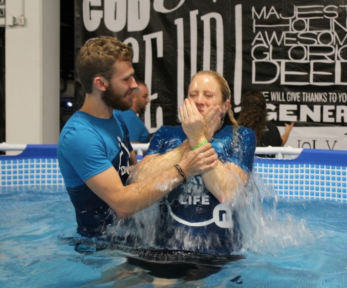 A woman gets baptized at NewSpring Church's Greenville campus.