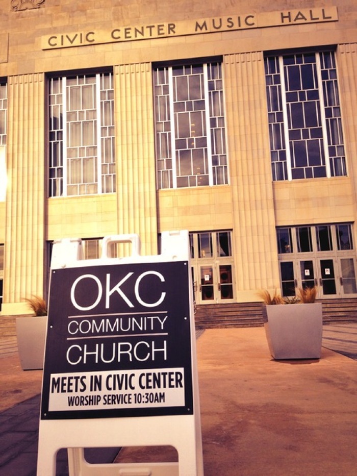 A sign for the Oklahoma City Community Church, which worships at the Oklahoma City Civic Center Music Hall.