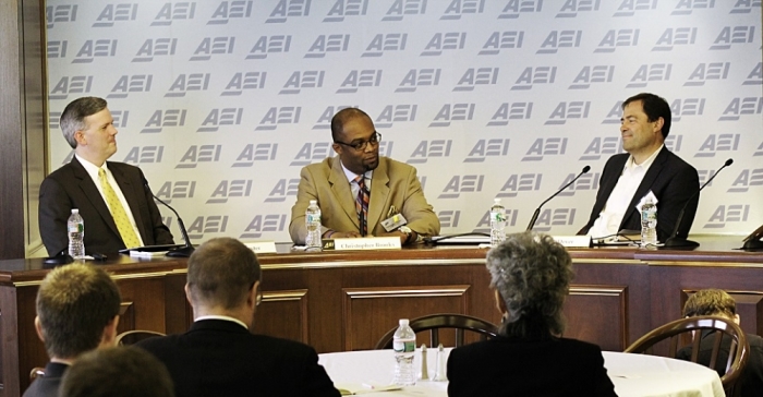 A panel at the 2014 Evangelical Leadership Summit on the issue of urban churches and their outreach, held in Washington, at the American Enterprise Institute on Wednesday, Sept. 10, 2014. From L to R: Greg Forster of the Kern Family Foundation, Christopher Brooks of Evangel Ministries in Detroit, and Mark Dever of Capitol Hill Baptist Church in Washington, D.C.