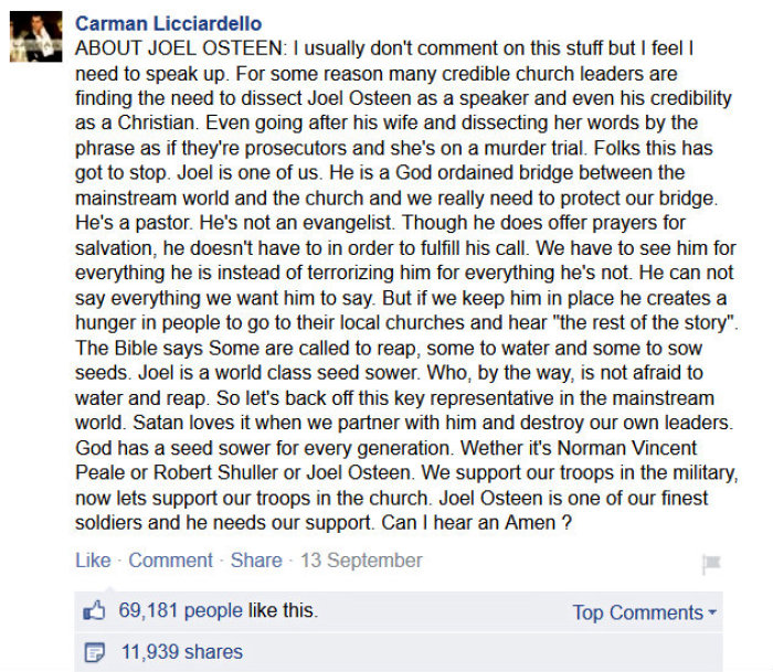 Carman Licciardello made a statement on Facebook defending Joel Osteen against Christian critics.