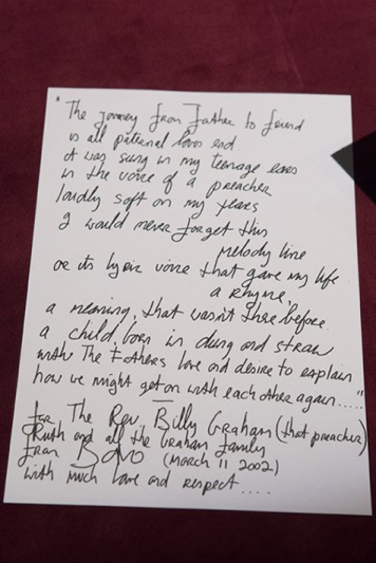 The handwritten poem penned by Bono for Billy Graham is on display at the Billy Graham Library in Charlotte, North Carolina.