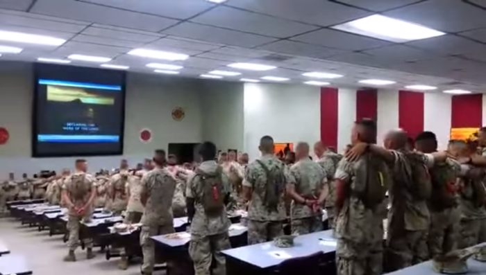 Nearly 500 U.S. Marines at the Marine Corps Base Camp Pendleton in California declare 'there is no God like Jehovah' on Sunday Sept. 14, 2014.
