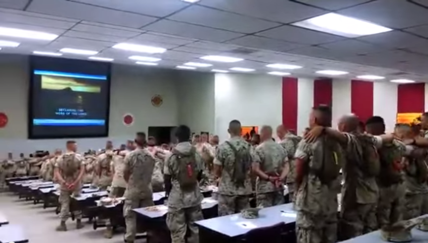 Nearly 500 U.S. Marines at the Marine Corps Base Camp Pendleton in California declare "there is no God like Jehovah" on Sunday Sept. 14, 2014.