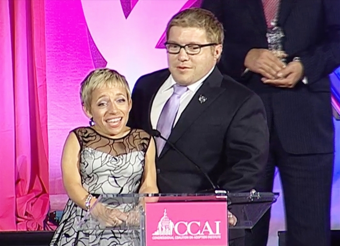 Dr. Jennifer Arnold and Bill Klein, stars of TLC's, 'The Little Couple,' receiving an 'Angels in Adoption' award at the Congressional Coalition on Adoption Institute's Annual Gala, Washington, September 17, 2014.