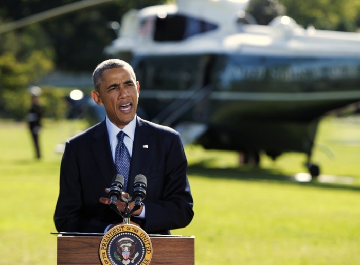 U.S. President Barack Obama delivers a statement at the White House in Washington on the air strikes in Syria, prior to departing for the United Nations in New York, September 23, 2014. Obama on Tuesday vowed to continue the fight against Islamic State fighters following the first U.S.-led airstrikes targeting the militant group in Syria, and pledged to build even more international support for the effort.