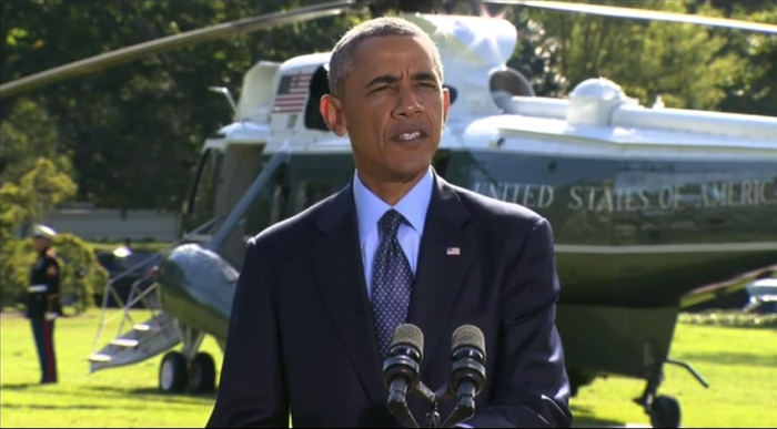 U.S. President Barack Obama gives and update on the airstrikes against ISIS in Syria from the White House on September 23, 2014.