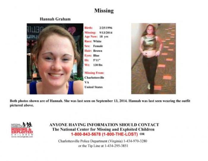 Hannah Graham, 18, a University of Virginia student missing since the weekend, is shown in this missing persons poster released by Charlottesville Police Dept. in Charlottesville, Virginia September 18, 2014.